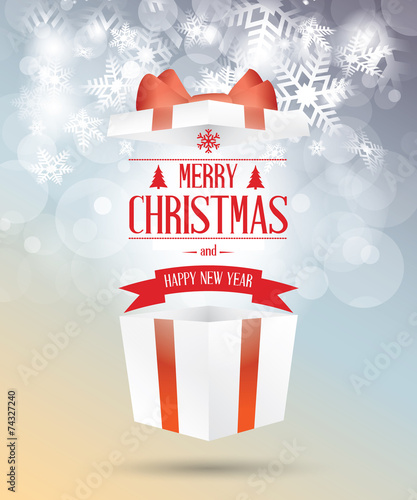Merry Christmas open gift box with snowflakes
