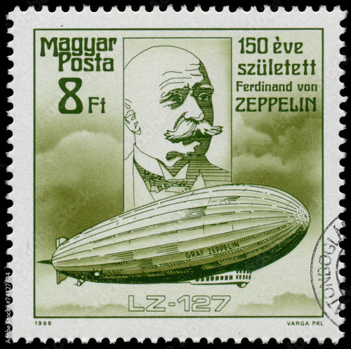 Stamp printed in Hungary shows Zeppelin