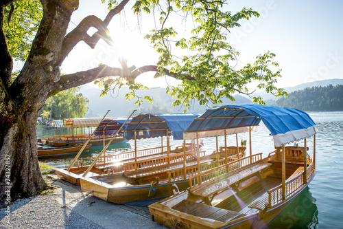 Boats at the shore of Bled Lake in Slovenia
