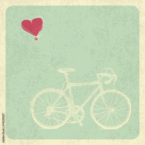 Vintage Valentines Card with Bicycle and Heart Baloon