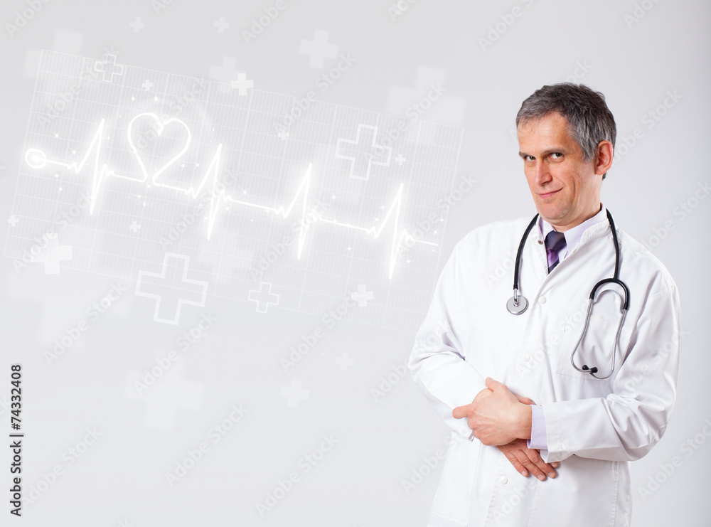 Doctor examinates heartbeat with abstract heart Doctor examinates heartbeat with abstract heart