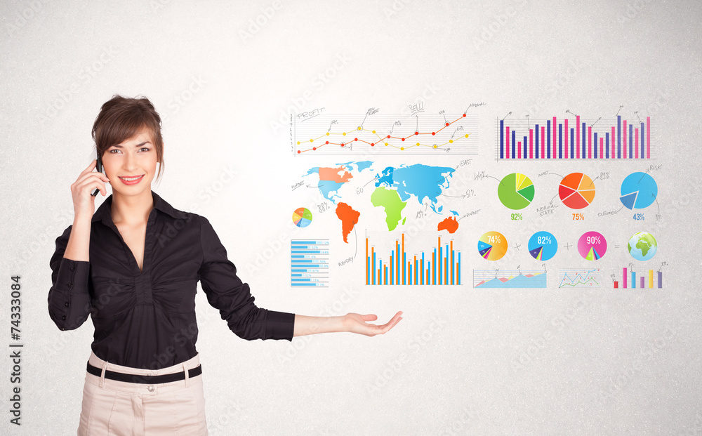 Business woman with colorful graphs and charts Business woman with colorful graphs and charts