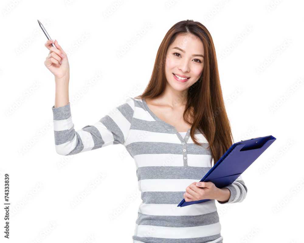 Woman hold with clipboard and pen point up Woman hold with clipboard and pen point up
