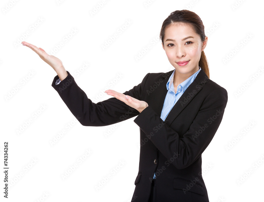 Businesswoman with open hand palm Businesswoman with open hand palm