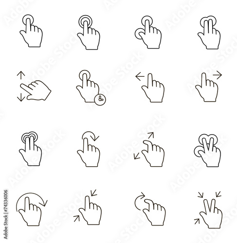 Touch Gestures Icons outline on white background