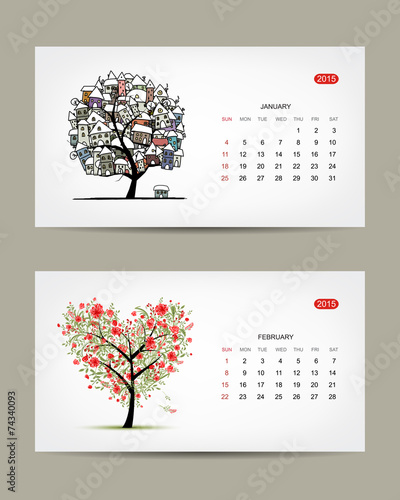 Vector calendar 2015, january and february months. Art tree