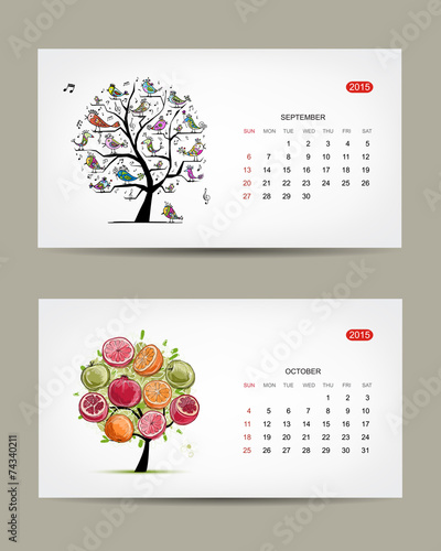 Calendar 2015, september and october months. Art tree design