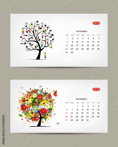 Calendar 2015, november and december months. Art tree design