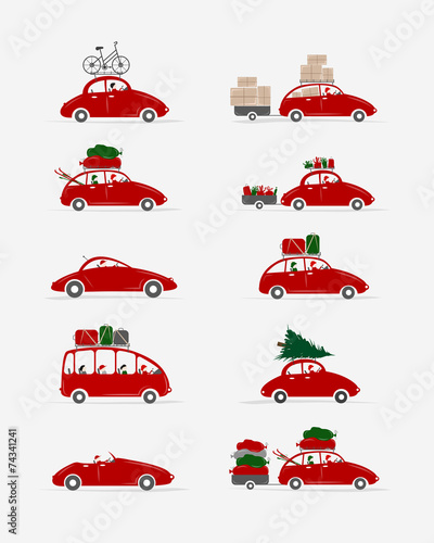 Set of different red cars with luggage for your design