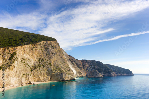beach with blue water and cliffs