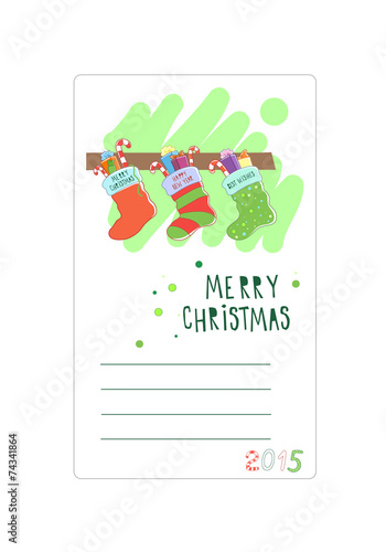 Three Christmas socks. Card for wishes. Vector illustration