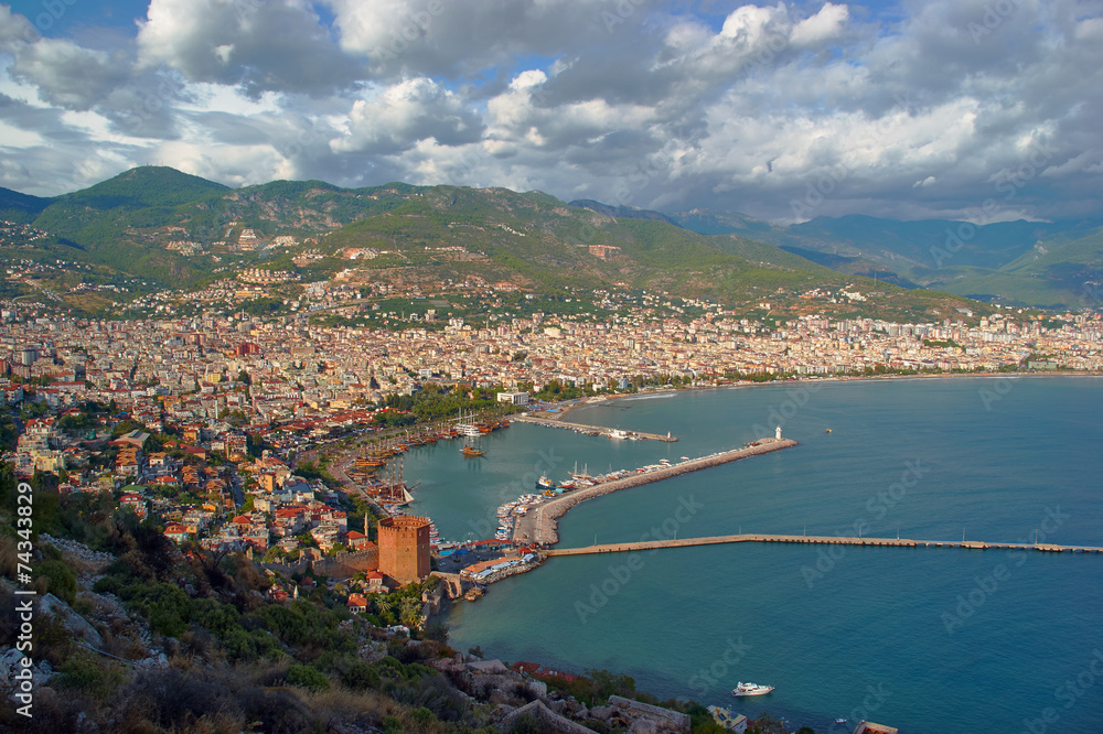 View of the harbor and the city of Alanya in Turkey.