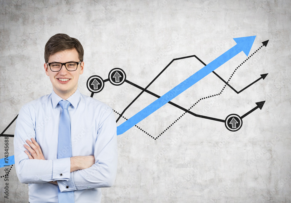 happy businessman and drawing profit on wall happy businessman and drawing profit on wall