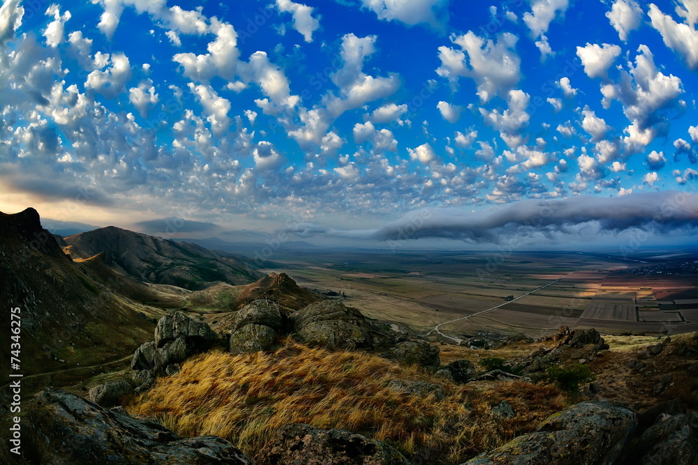 mountain landscape with beautiful sky in Dobrogea, Romania