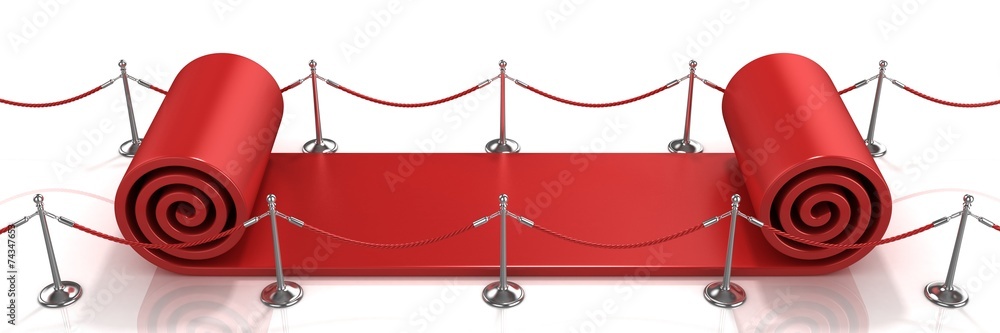 Big red carpet unrolling concept on white background Big red carpet unrolling concept on white background