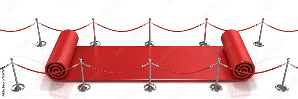 Small red carpet unrolling concept on white background Small red carpet unrolling concept on white background