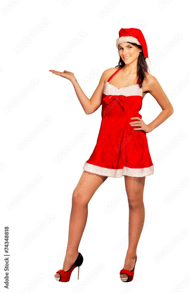 Young christmas woman show white background Young christmas woman show white background
