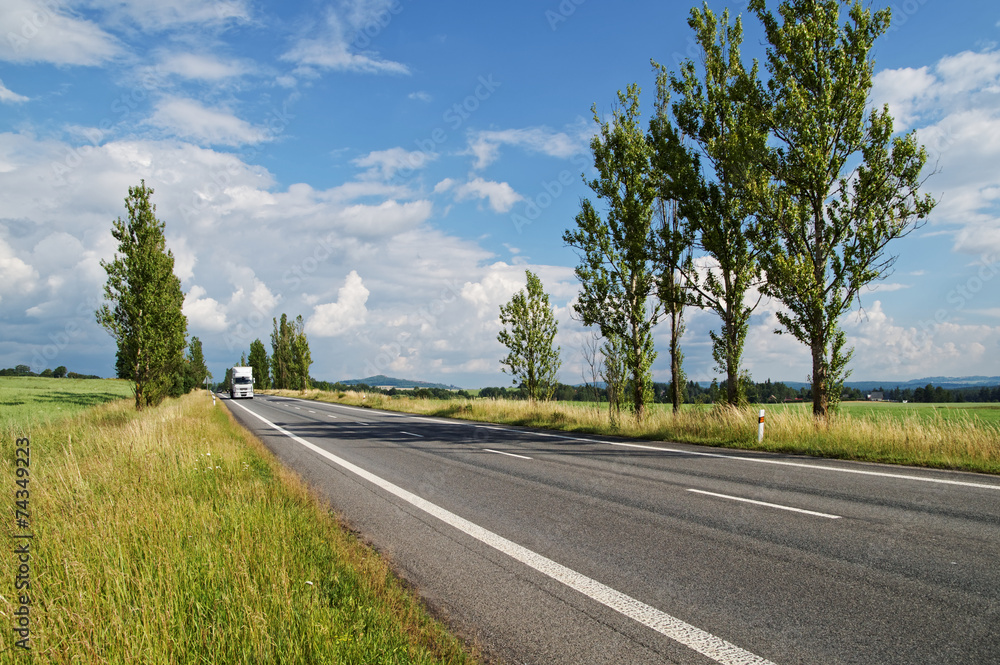 Fototapeta premium Empty road lined with poplar alley, coming from afar white truck