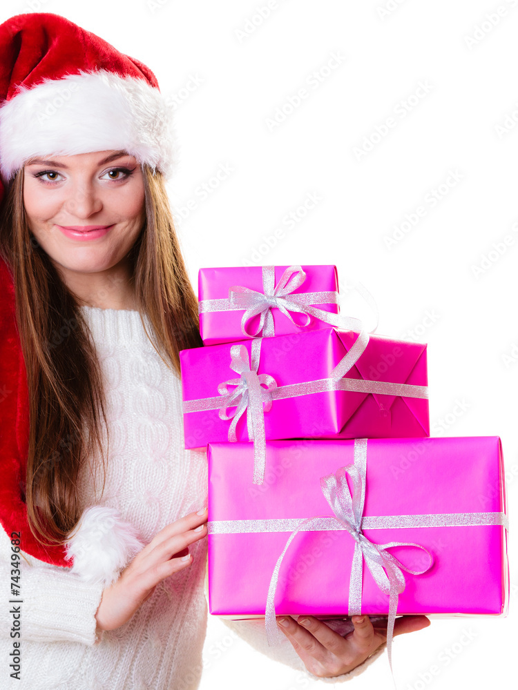 Woman santa helper hat with many pink gift boxes Woman santa helper hat with many pink gift boxes