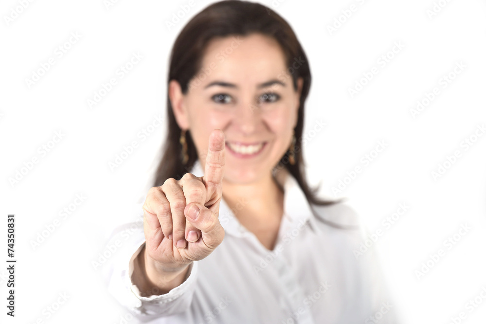 successful businesswoman pointing with finger to copy space successful businesswoman pointing with finger to copy space