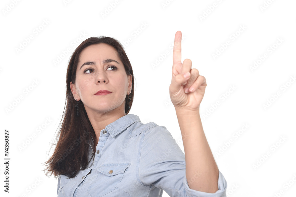 latin woman pointing with finger on blank copy space latin woman pointing with finger on blank copy space