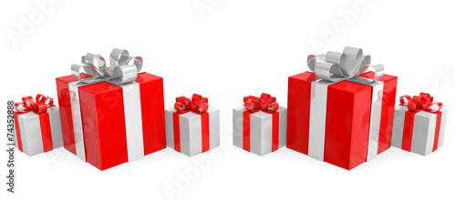 Row of red and white Christmas gift boxes with shiny ribbons