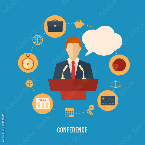 orator speaking from tribune and icons set in flat style