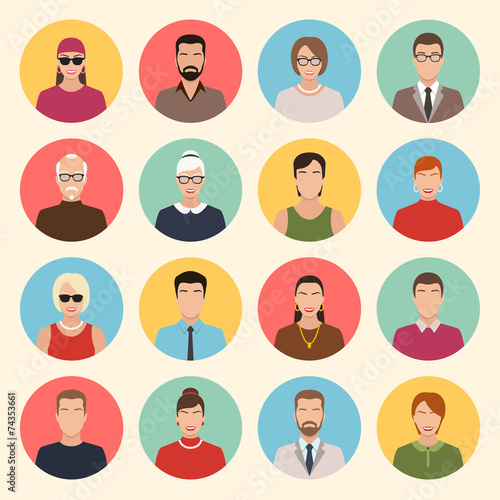 male and female character faces avatars in flat style