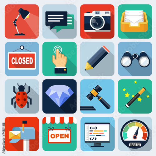 Square flat icons with long shadow, set 7