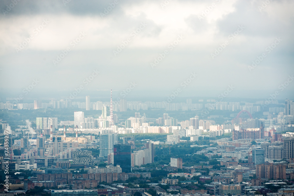 above view Moscow cityscape and blue clouds above view Moscow cityscape and blue clouds