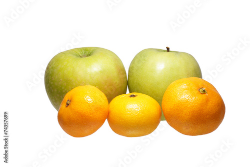 Fruits. Two apples and tree mandarin.
