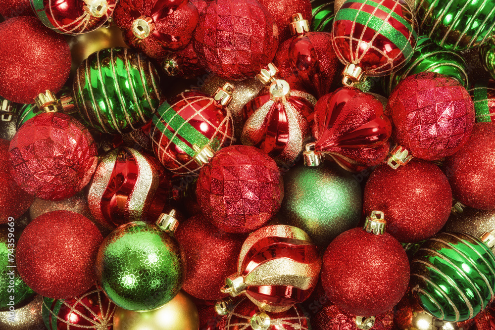Mix of red, green, and golden Christmas ball ornaments Mix of red, green, and golden Christmas ball ornaments