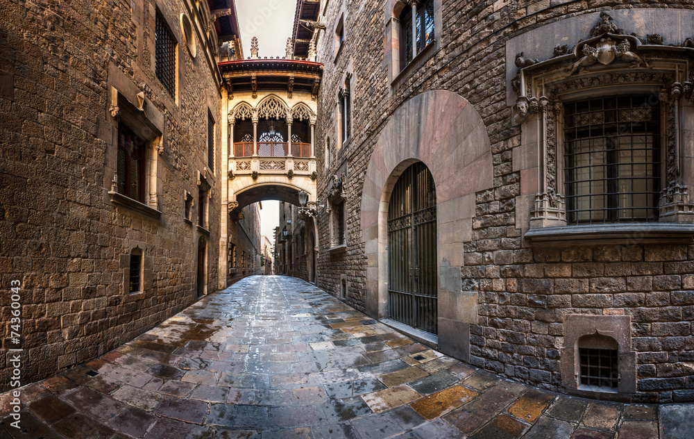 Naklejka premium Dzielnica Gotycka Barri i Most Westchnień w Barcelonie, Katalonia