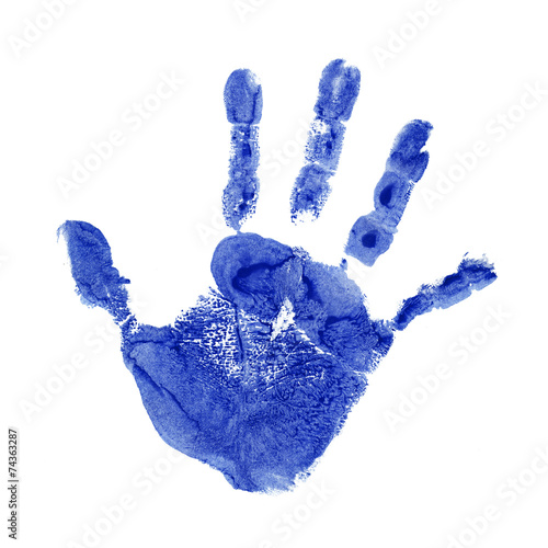 Conceptual children blue painted hand print isolated