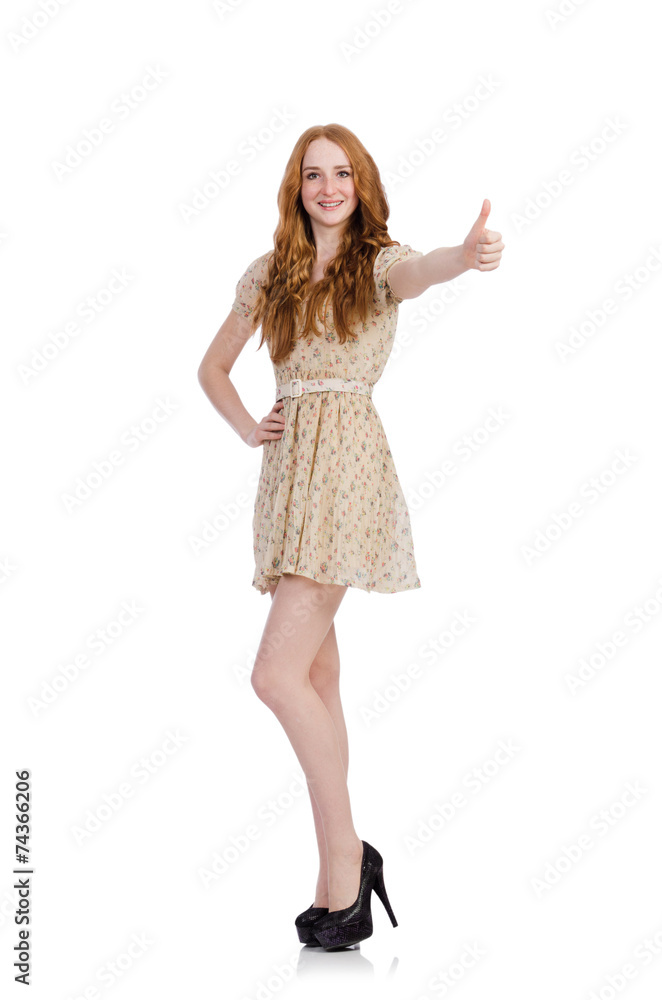 Woman giving thumbs up isolated on white