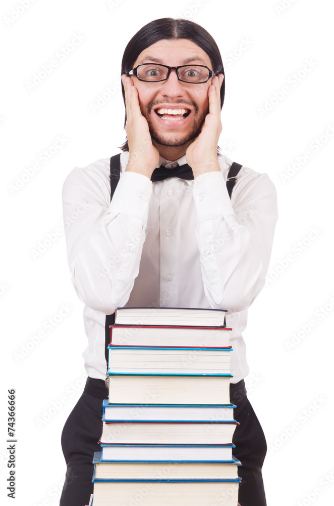 Funny student with books isolated on white Funny student with books isolated on white