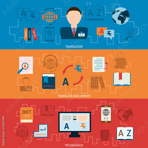 Translation and dictionary horizontal banners set