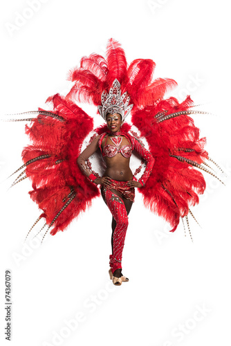 One woman samba dancer on white background
