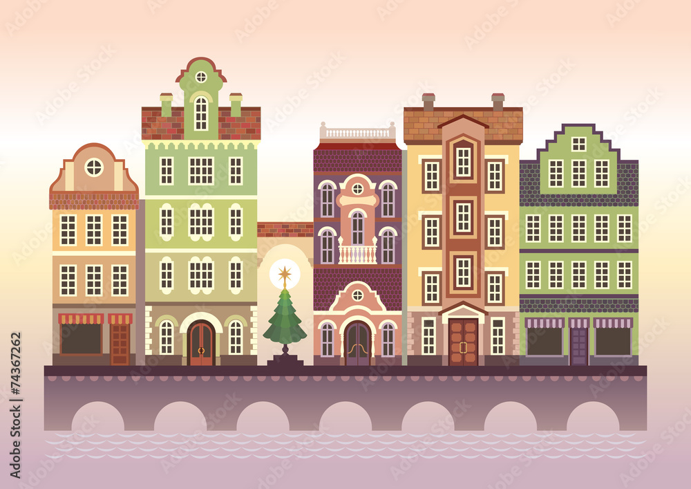 town street, colorful assorted houses, flat illustration