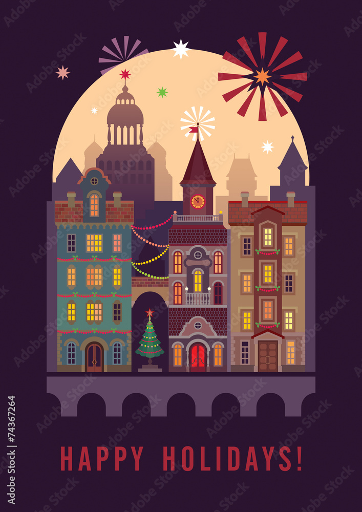 happy holidays greeting card, night city flat illustration