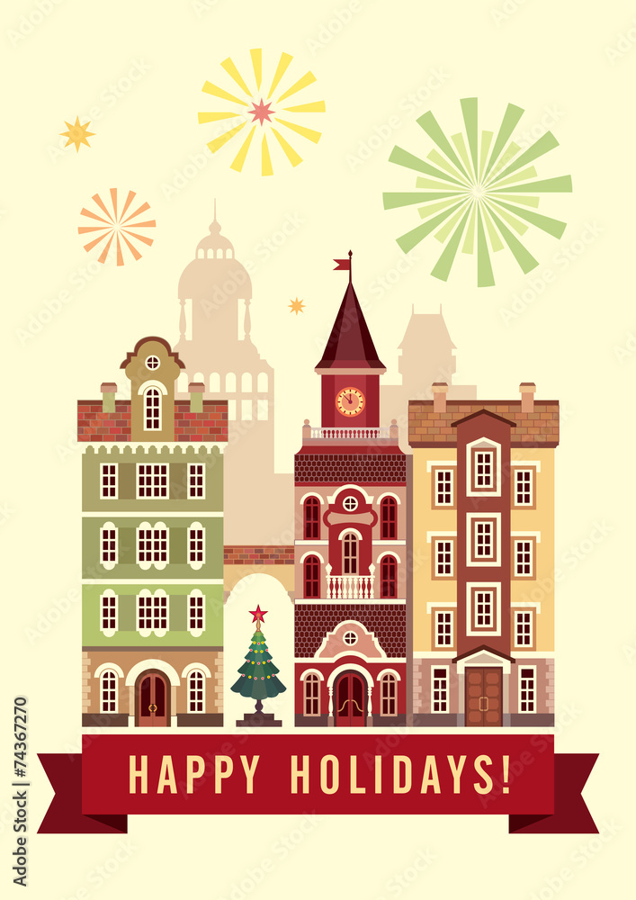 happy holidays greeting card, Christmas town flat illustration