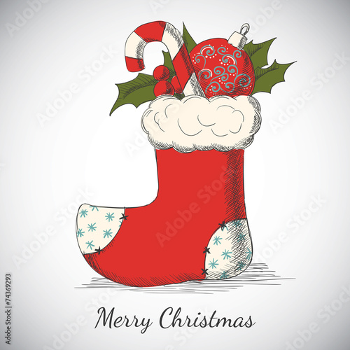 Holiday background with Christmas hand drawn sock
