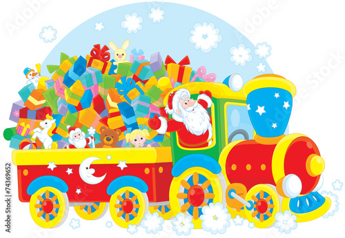 Santa Claus delivering Christmas gifts on a train