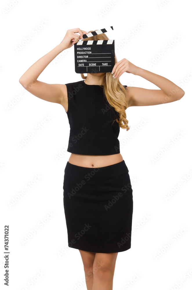 Woman holding movie clapboard isolated on white Woman holding movie clapboard isolated on white