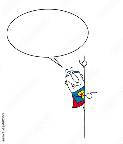 Superhero speaks beside his signboard