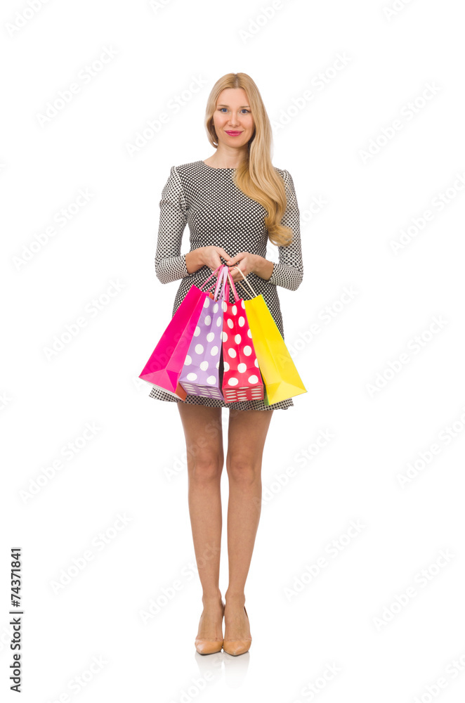 Young woman after shopping isolated on the white