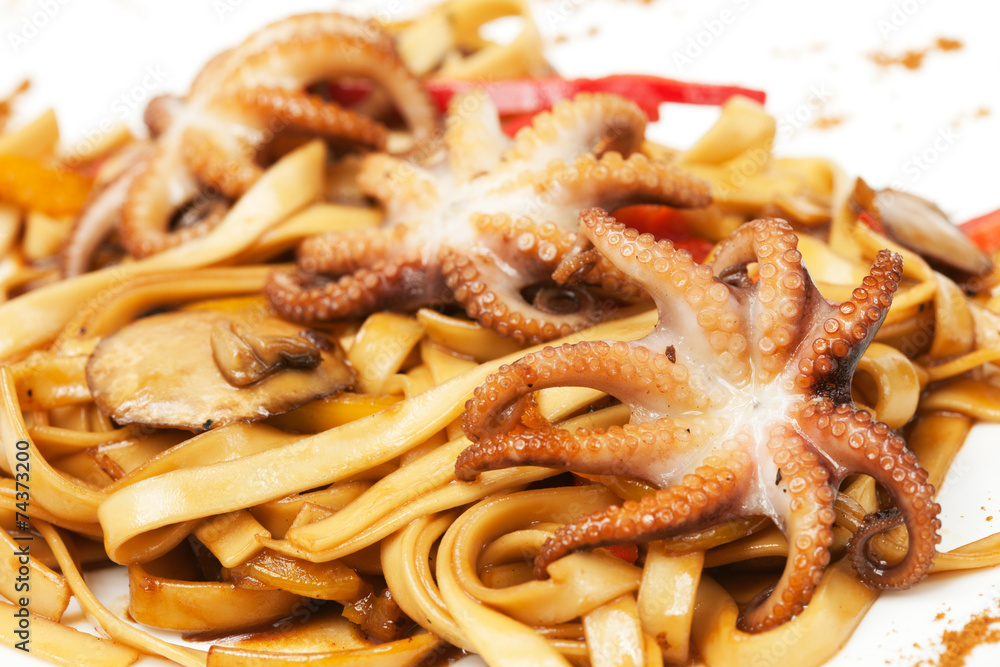 noodles with octopuses, seafood and sauce noodles with octopuses, seafood and sauce