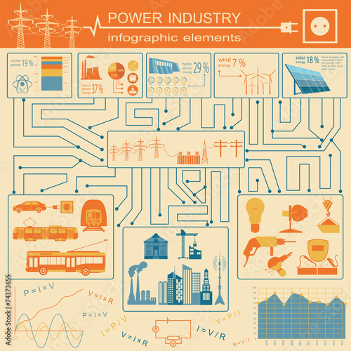 Power energy industry infographic, electric systems, set element