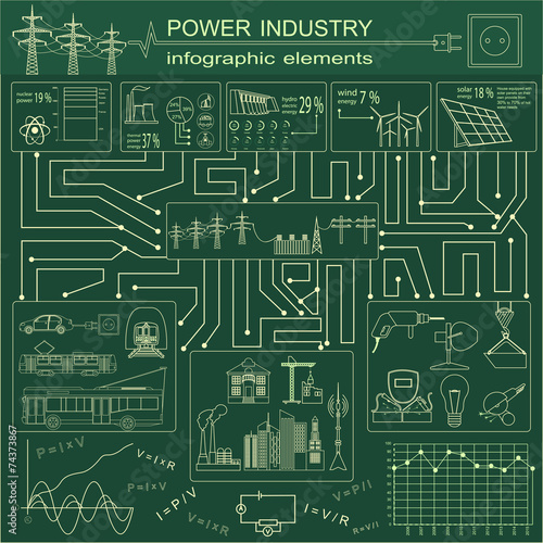 Power energy industry infographic, electric systems, set element