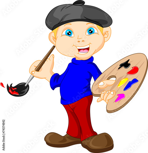 Little boy is painting with paintbrush